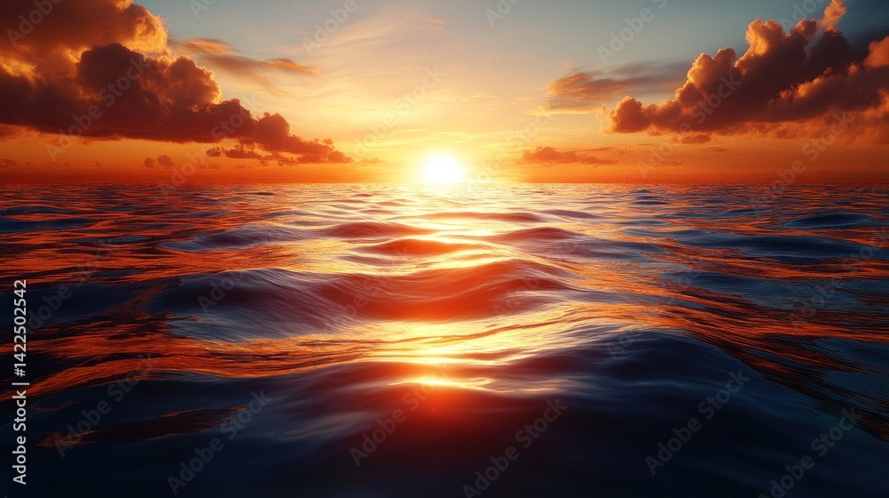Fototapeta premium Majestic Ocean Sunset, Golden Reflections on Calm Waters and Cloudy Skies