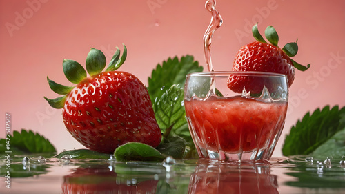 Obraz na płótnie A ripe, glossy strawberry resting on a tropical leaf, surrounded by a vibrant swirl of strawberry juice. In the background, soft-focus floating strawberry slices hover gently, adding dynamic freshness w salonie