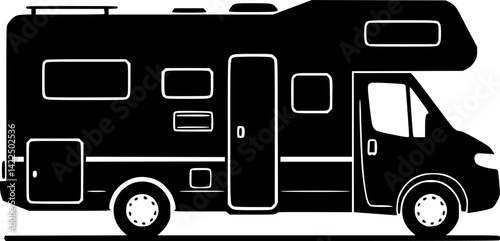 Motorhome icon. Camper. Black silhouette. Side view. Vector simple flat graphic illustration. Isolated object on white background.