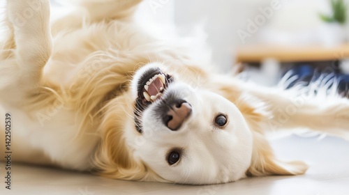 Happy Dog Lying on Its Back While Getting a Belly Rub in Daylight
