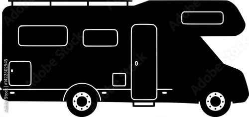 Motorhome icon. Camper. Black silhouette. Side view. Vector simple flat graphic illustration. Isolated object on white background.