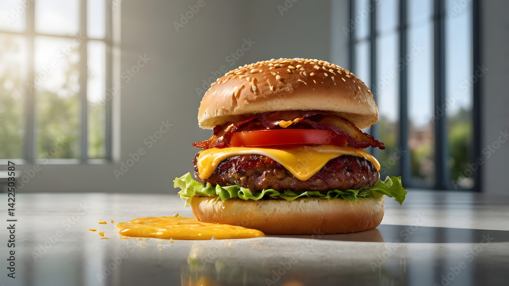 A succulent gourmet burger suspended in mid-air, its juicy patty, crispy bacon, melted cheese, and fresh lettuce and tomato, all meticulously arranged on a soft, toasted brioche bun