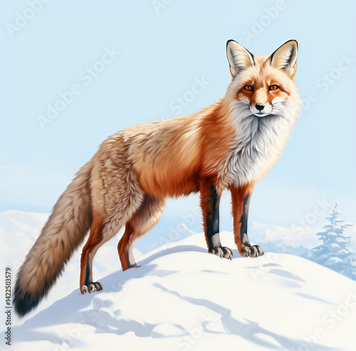 Graceful Red Fox Standing on Snowy Hill During Winter Season

