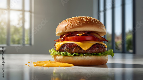 Obraz na płótnie A succulent gourmet burger suspended in mid-air, its juicy patty, crispy bacon, melted cheese, and fresh lettuce and tomato, all meticulously arranged on a soft, toasted brioche bun w salonie