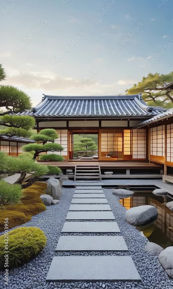 Tranquil Japanese Zen House with Shoji Screens, Koi Pond, Bonsai Trees, Natural Wood, Minimalist Design, Stone Paths, and Harmonious Garden Setting for Calm, Simplicity, and Meditation Tranquil Japanese Zen House with Shoji Screens, Koi Pond, Bonsai Trees, Natural Wood, Minimalist Design, Stone Paths, and Harmonious Garden Setting for Calm, Simplicity, and Meditation