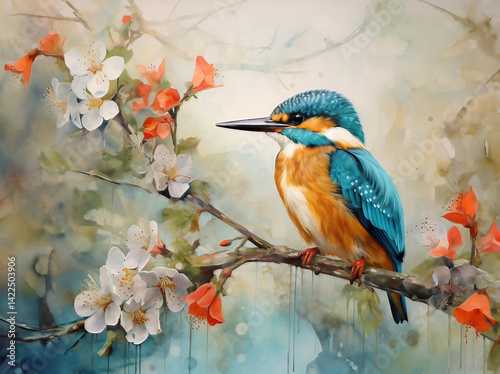 Vibrant Kingfisher Perched Among Spring Blossoms in a Watercolor Style Painting

