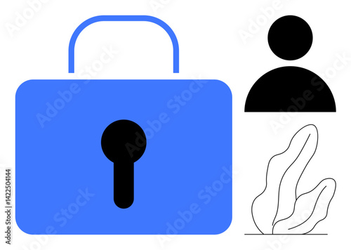 Blue lock with black keyhole, user silhouette, abstract plant shape. Ideal for data protection, security, privacy, user authentication, personal data, secure access simple landing page