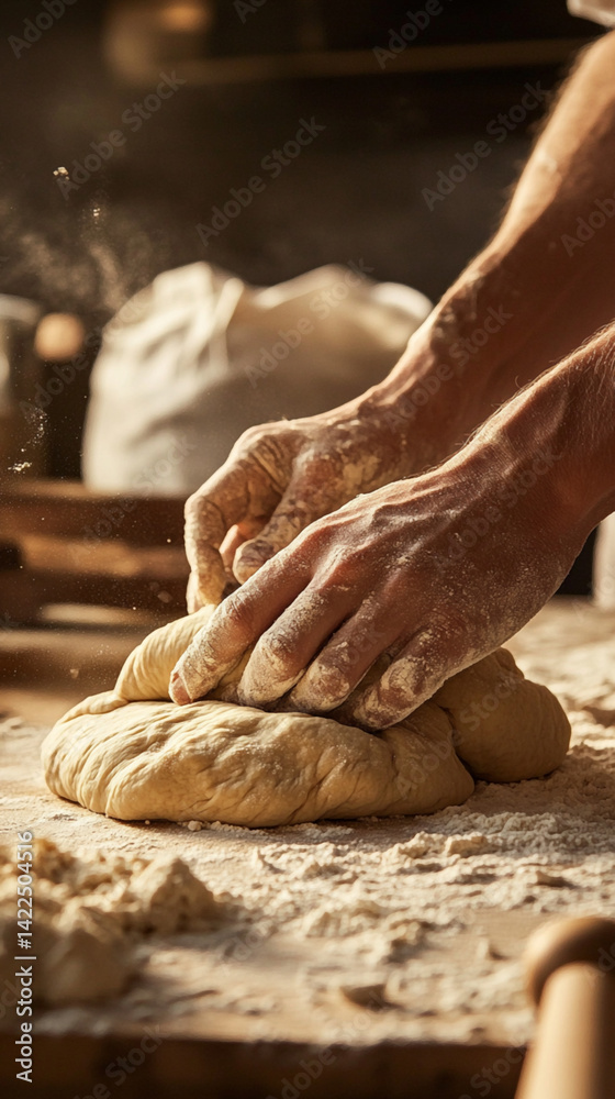 Baking hands kneading dough on a wooden countertop Baking hands kneading dough on a wooden countertop