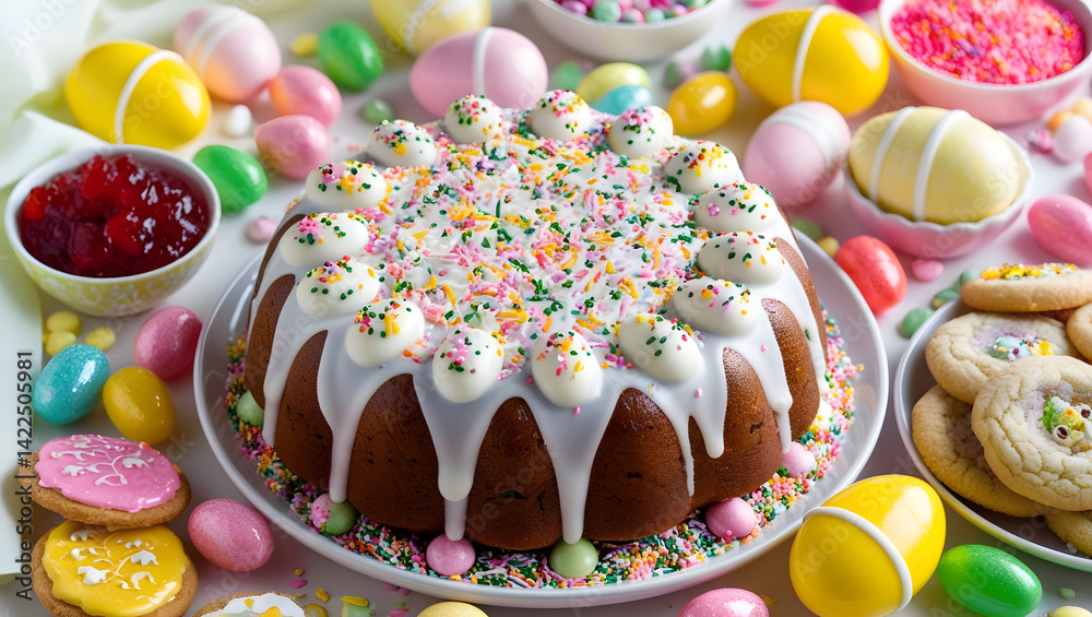 A festive Easter composition featuring a traditional Ukrainian Easter cake (paska or kulich) decorated with white glaze and colorful sprinkles, surrounded by various sweets and treats. Include sugar