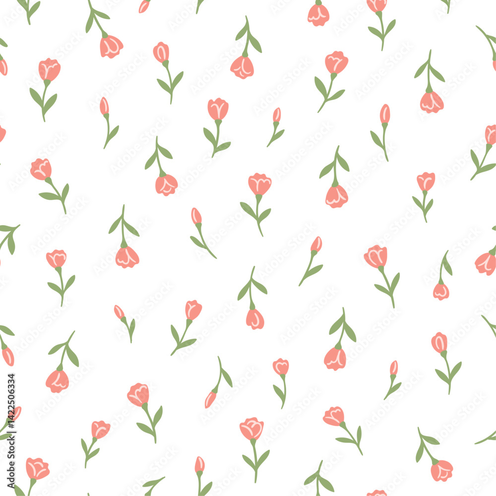 Cute small tiny roses and tulip pink flowers with leaves seamless pattern of ditsy spring style fashion fabric print wallpaper. Floral vector illustration