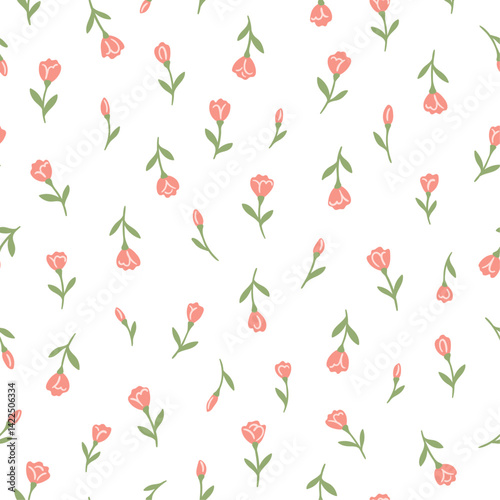Cute small tiny roses and tulip pink flowers with leaves seamless pattern of ditsy spring style fashion fabric print wallpaper. Floral vector illustration