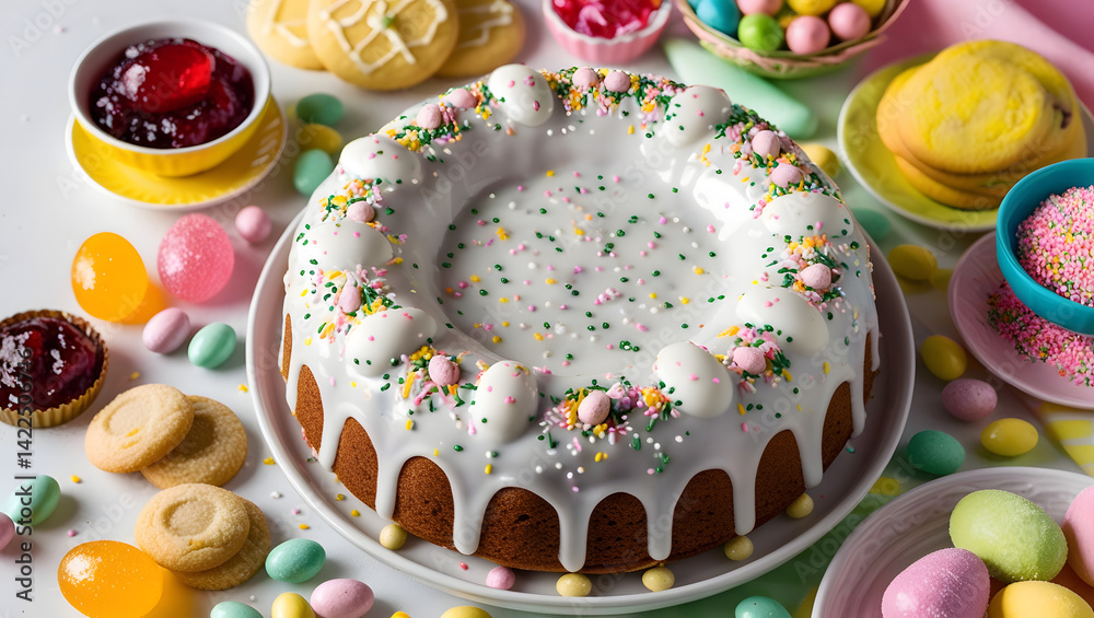 A festive Easter composition featuring a traditional Ukrainian Easter cake (paska or kulich) decorated with white glaze and colorful sprinkles, surrounded by various sweets and treats. Include sugar