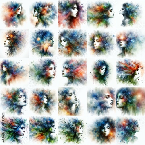 Obraz na płótnie Forest witch. Watercolor double exposure drawing. AI generated illustration w salonie