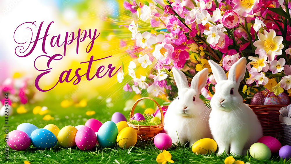 A radiant Easter scene, bursting with vibrant colors of spring and joy, featuring a blooming garden with colorful eggs scattered about and fluffy bunnies and include “Happy Easter” in beautiful script