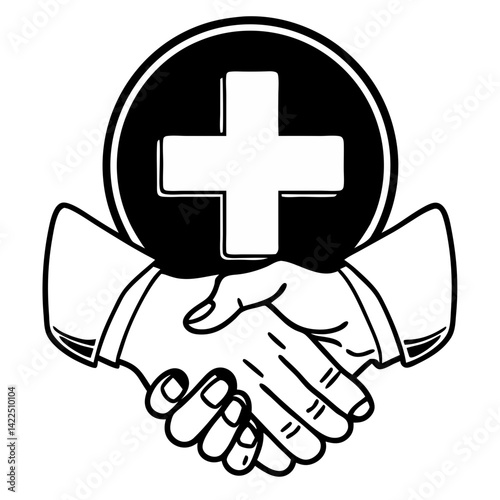 Handshake with medical cross icon. Health partnership vector.