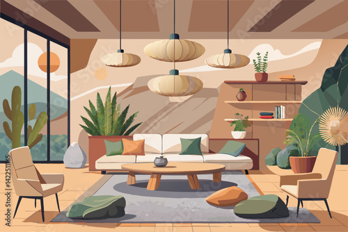 vector of Beautiful minimalist interior design with natural stone and modern furniture in earth tones