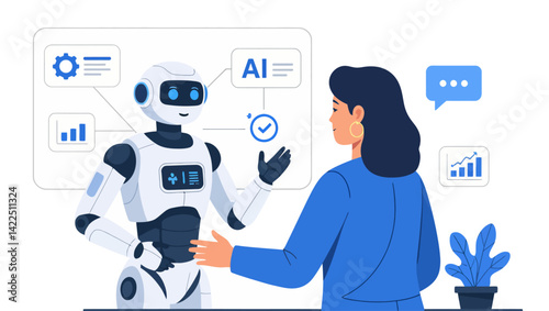 Futuristic vector illustration of AI helping human. Great for tech blogs, app interfaces, and innovation concepts. Digital screen elements.