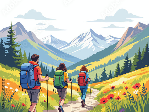Joyful vector illustration of friends hiking together. Perfect for travel companies, outdoor gear, and friendship themes. Scenic backdrop.