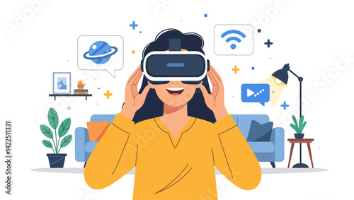 Futuristic vector illustration of person using VR glasses. Great for tech articles, gaming sites, and innovation concepts. Living room setting.