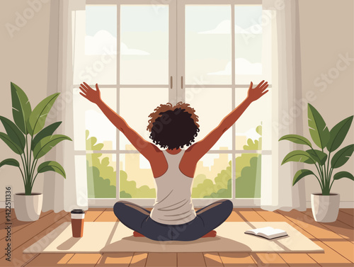 Energizing vector illustration of person stretching arms. Perfect for fitness apps, morning routines, and wellness blogs. Sunrise backdrop.