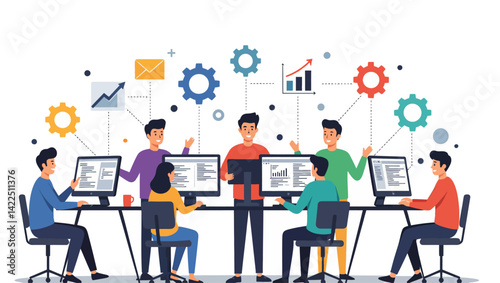 Detailed vector illustration of programmers in tech office. Ideal for IT companies, coding schools, and startup websites.