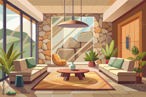vector of Beautiful minimalist interior design with natural stone and modern furniture in earth tones