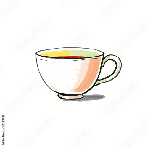 Minimalist vector illustration of a steaming tea cup in pastel colors. Perfect for relaxation brands, cafe menus, and self-care themes. Soothing aesthetic with soft hues.