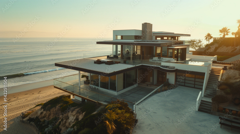 Fototapeta premium Modern luxury beach house with glass walls and flat roof overlooking the ocean at sunset