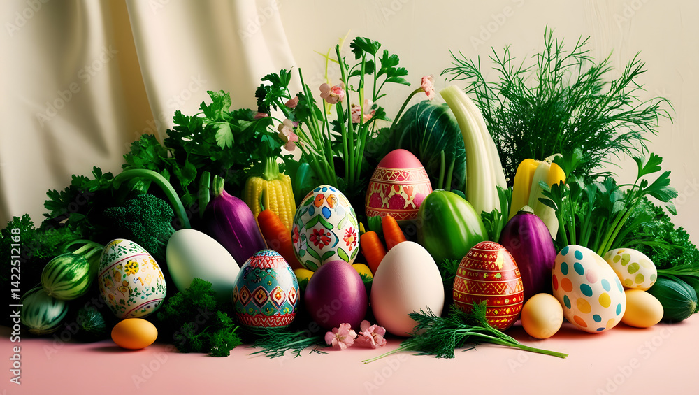 A vibrant and colorful still life composition featuring a collection of decorated Easter eggs, fresh vegetables, and lush greenery, set against a soft, creamy white background, with gentle, warm light