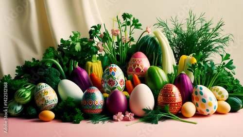 A vibrant and colorful still life composition featuring a collection of decorated Easter eggs, fresh vegetables, and lush greenery, set against a soft, creamy white background, with gentle, warm light