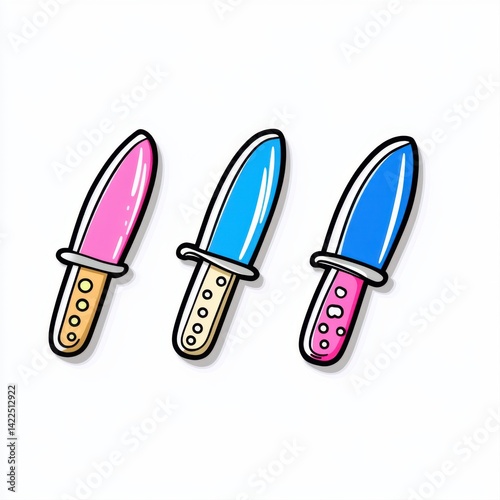 Cute and Colorful Cartoon Knives Design with Pink, Blue, and Yellow Handles for Fun Illustrations and Graphics