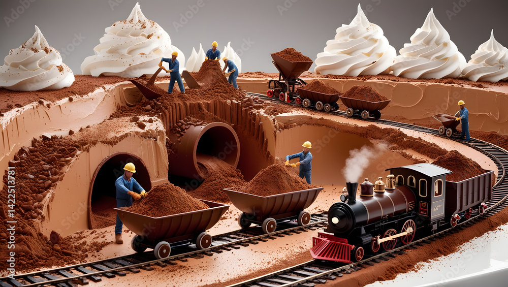 A mesmerizing and ultra-detailed 3D render of a surreal dessert-themed construction site where a giant tiramisu cake is being mined like a chocolate quarry. Miniature workers, dressed in construction
