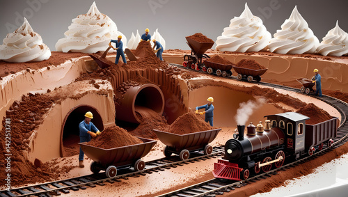 Obraz na płótnie A mesmerizing and ultra-detailed 3D render of a surreal dessert-themed construction site where a giant tiramisu cake is being mined like a chocolate quarry. Miniature workers, dressed in construction w salonie