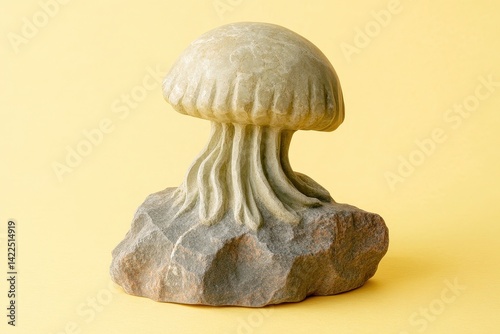 Carved stone sculpture of a fossil organism resembling a mushroom. photo
