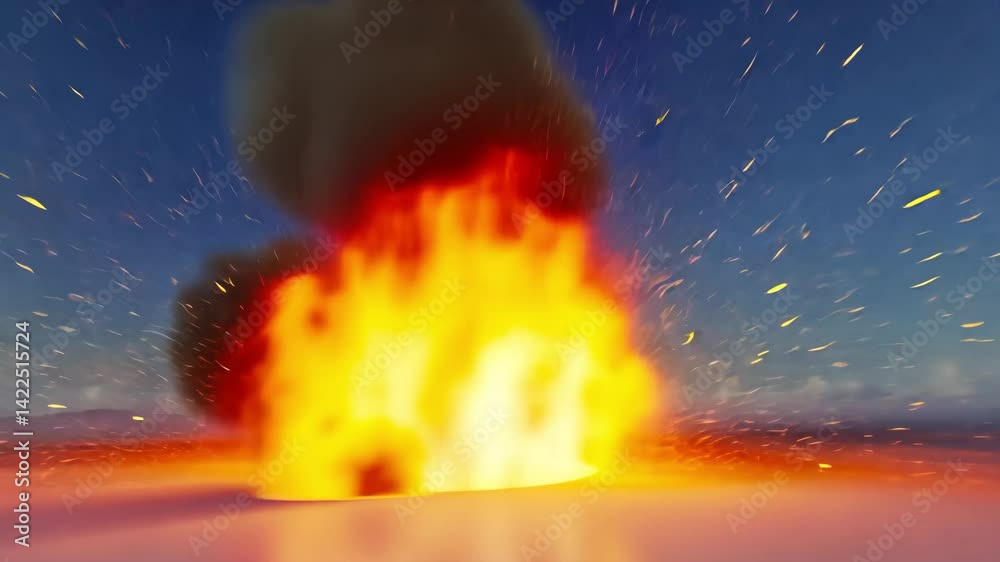 Cinematic close-up of a massive explosion in open landscape, debris scattering through the sky