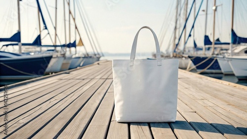 mockups White canvas bag on a wooden pier with yachts in the background