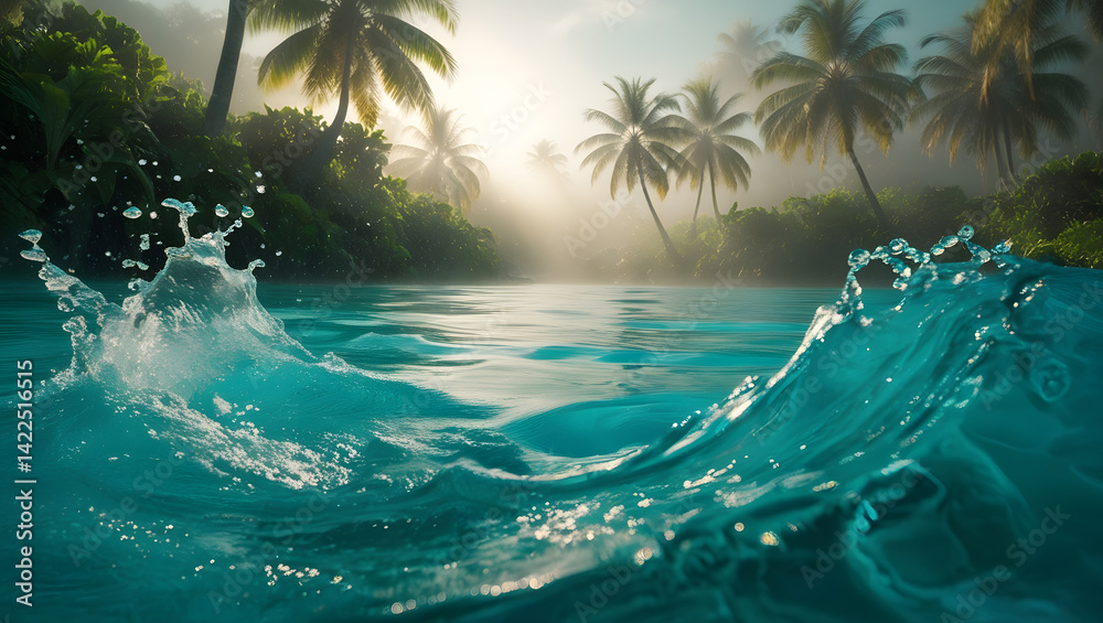 Ultra-detailed, surreal tropical water scene designed to evoke a deep sense of calm and serenity. Crystal-clear turquoise water gently splashing in the foreground, with soft ripples and tiny sparkling