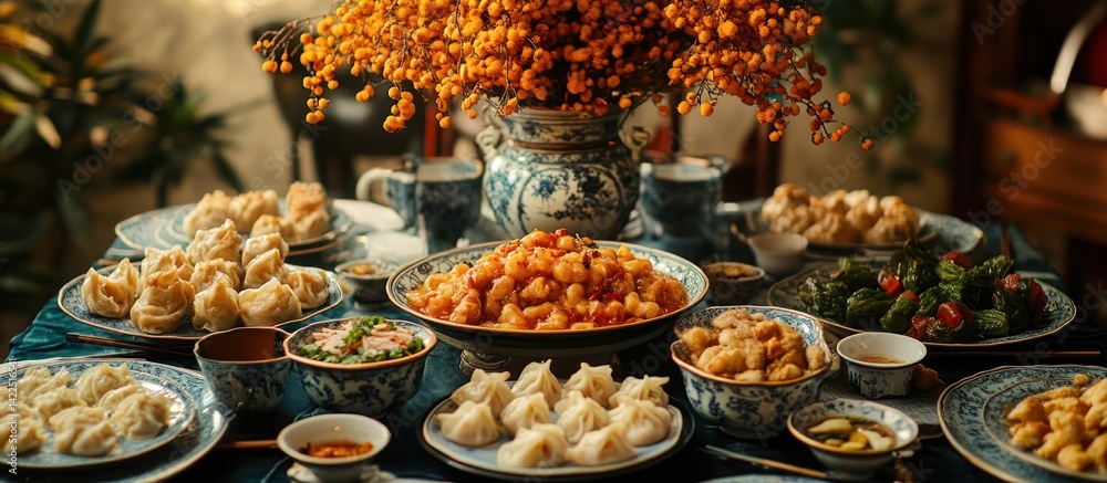 Obraz premium Festive Asian dinner table setting with dumplings, and various dishes