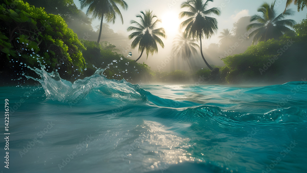Ultra-detailed, surreal tropical water scene designed to evoke a deep sense of calm and serenity. Crystal-clear turquoise water gently splashing in the foreground, with soft ripples and tiny sparkling