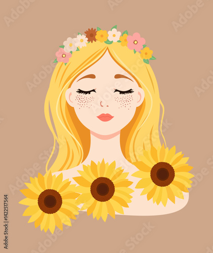 Freckled girl in floral wreath among sunflowers. Vector summer illustration