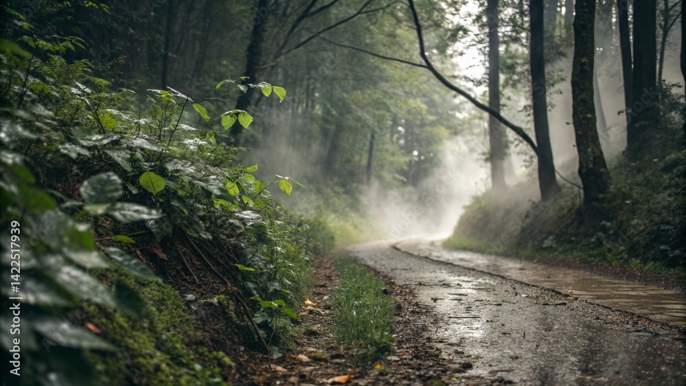 Obraz premium A narrow forest trail in the middle of a rainy day, with droplets on green leaves and mist rising from the ground. Moody atmosphere