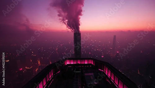 Cityscape at dawn, smog, high view