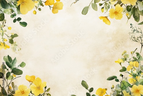 Fototapeta Naklejka Na Ścianę i Meble -  Watercolor background featuring yellow wildflowers and green leaves with central space for text