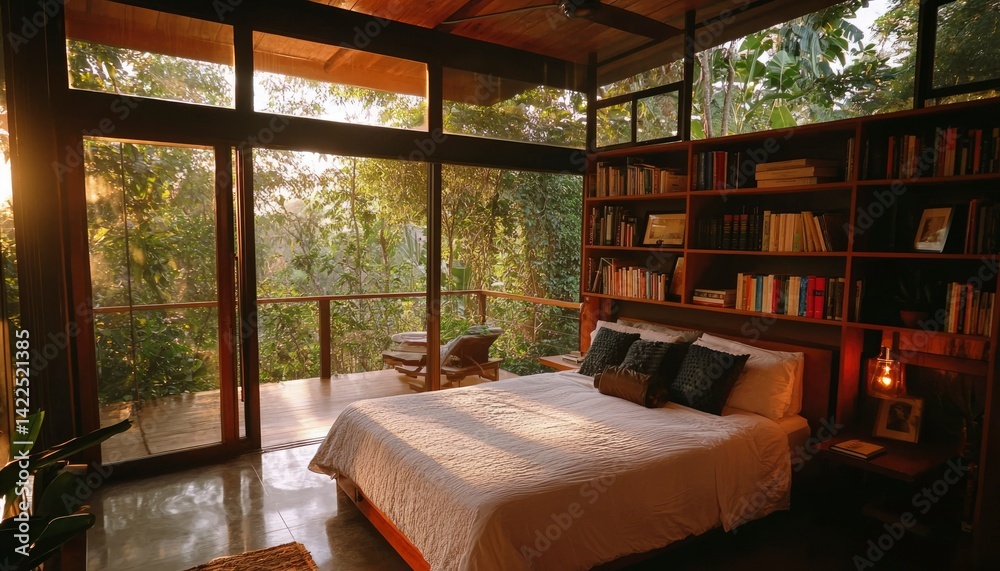 Fototapeta premium Modern bedroom with jungle view