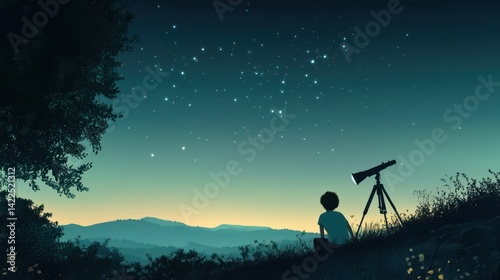 Silhouetted figure gazes at night sky through telescope.