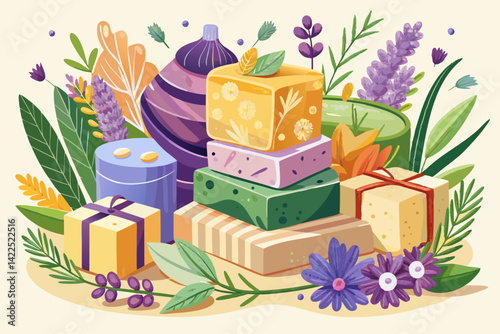 vector of Handmade natural soaps with lavender and herbs