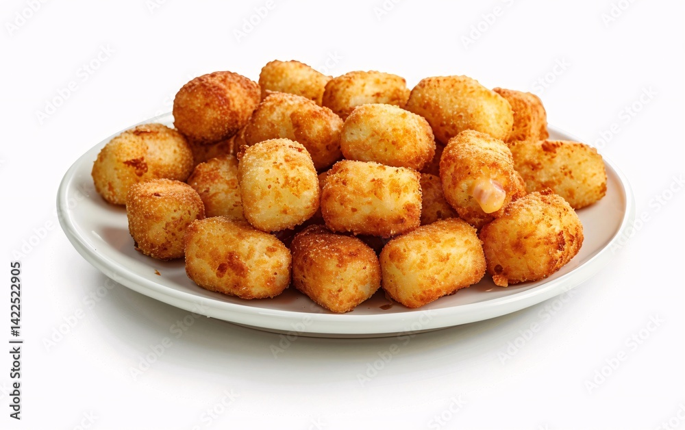 Golden brown tater tots piled on a white plate, some with melted cheese oozing out. Crispy and savory potato snack. Golden brown tater tots piled on a white plate, some with melted cheese oozing out. Crispy and savory potato snack.