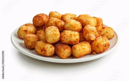 Golden brown tater tots piled on a white plate, some with melted cheese oozing out. Crispy and savory potato snack.