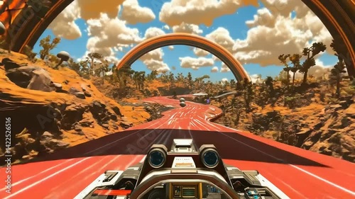 Sci-fi vehicle on a vibrant, stylized alien road.