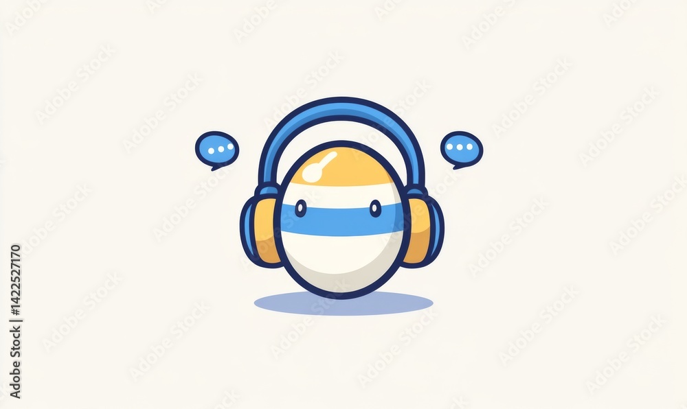 Obraz premium an egg wearing headphones with blue and white stripes and yellow on top, featuring three small speech bubbles in front.